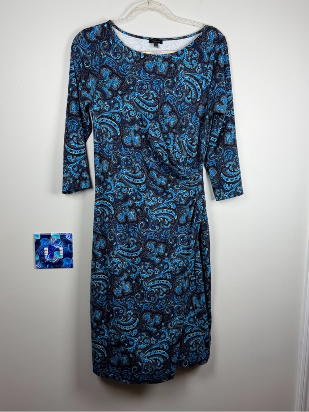 Talbots Blue Paisley Print Knit Ruched Faux Wrap Career Work Sheath Dress Small